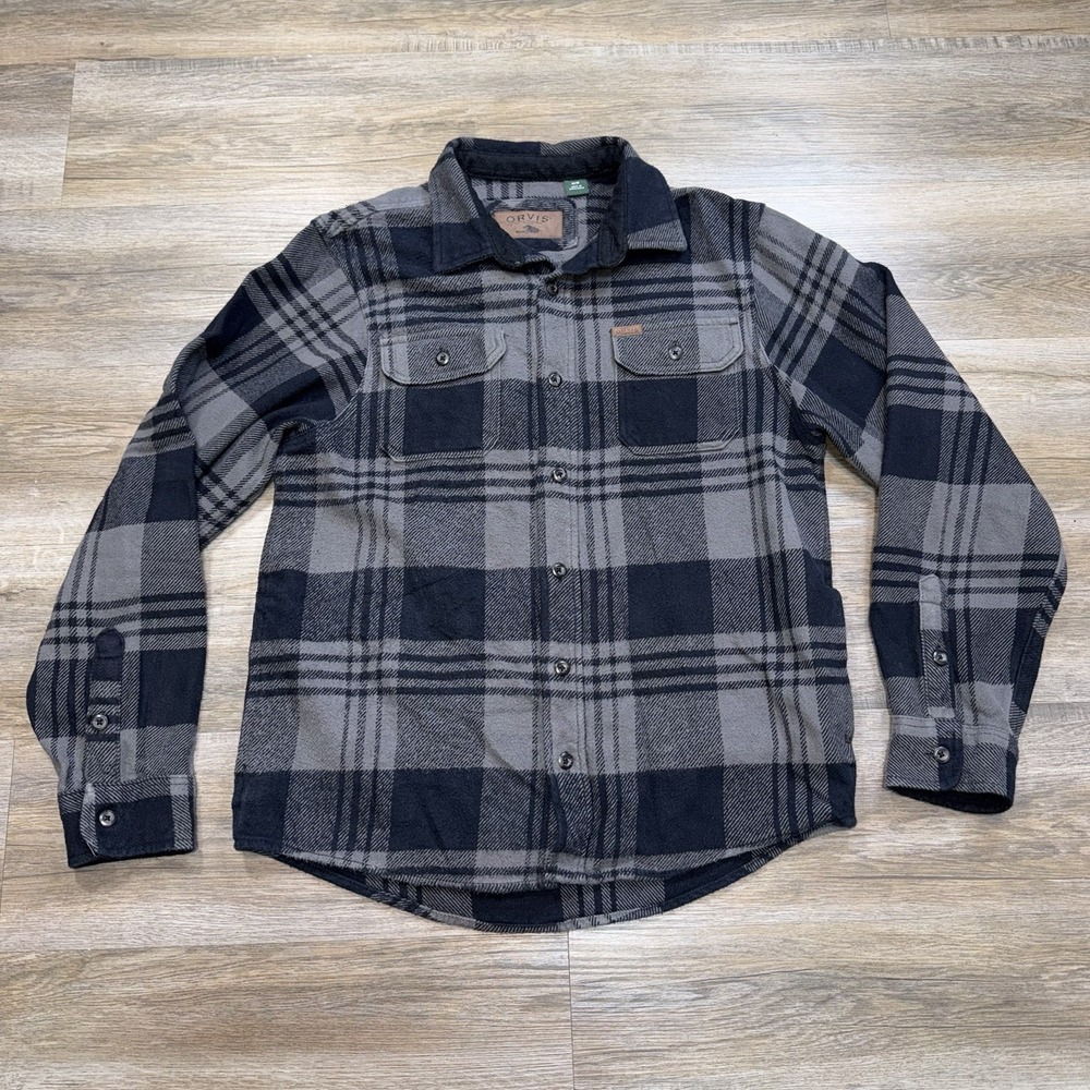 Orvis Heavyweight Flannel Button-Up Shirt Mens M Black Gray Plaid Pattern